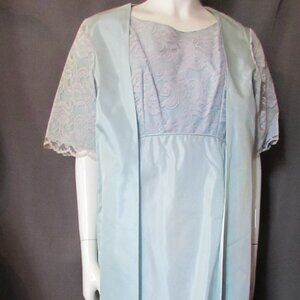 Pretty But Simple Vintage Blue Long Gown & Matching Coat Lace Accents Size Large